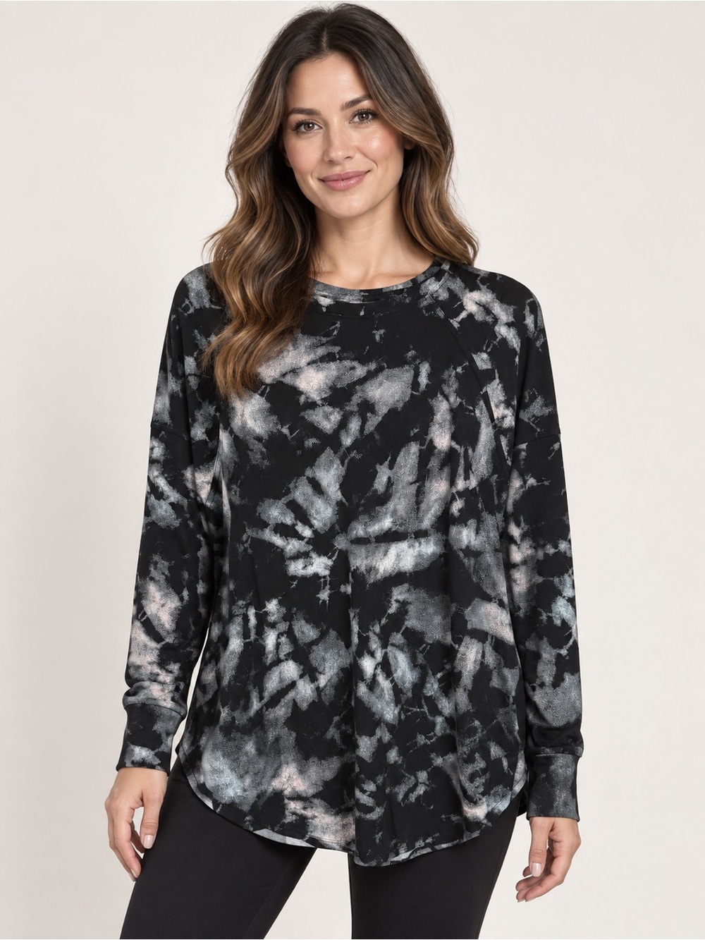 Lularoe Erin Black Gray Abstract Tie Dye Long Sleeve Relaxed Tunic Top Large